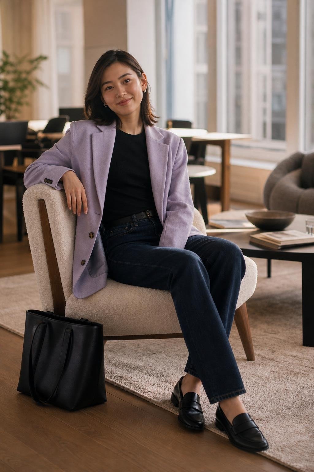 Lavender blazer, dark indigo straight jeans, black knit top, black loafers, relaxed Friday office lounge (option 2)
