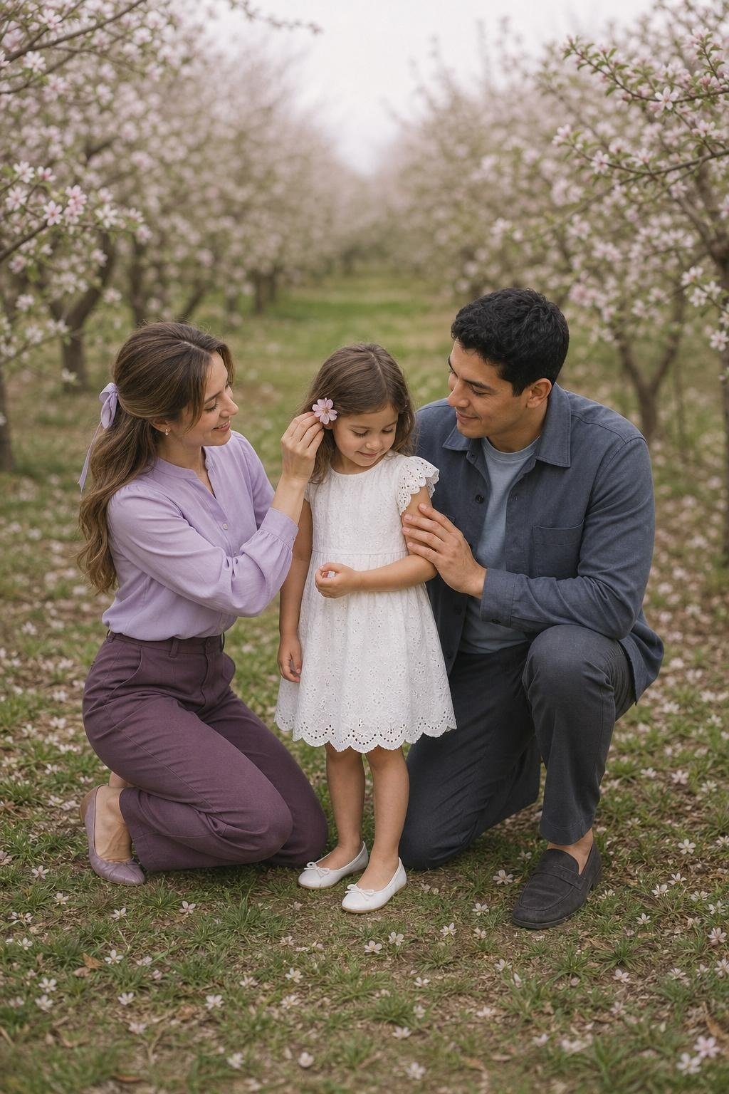 Lavender blouse, slate trousers, white eyelet dress, ballet flats, blooming orchard spring scene (option 2)