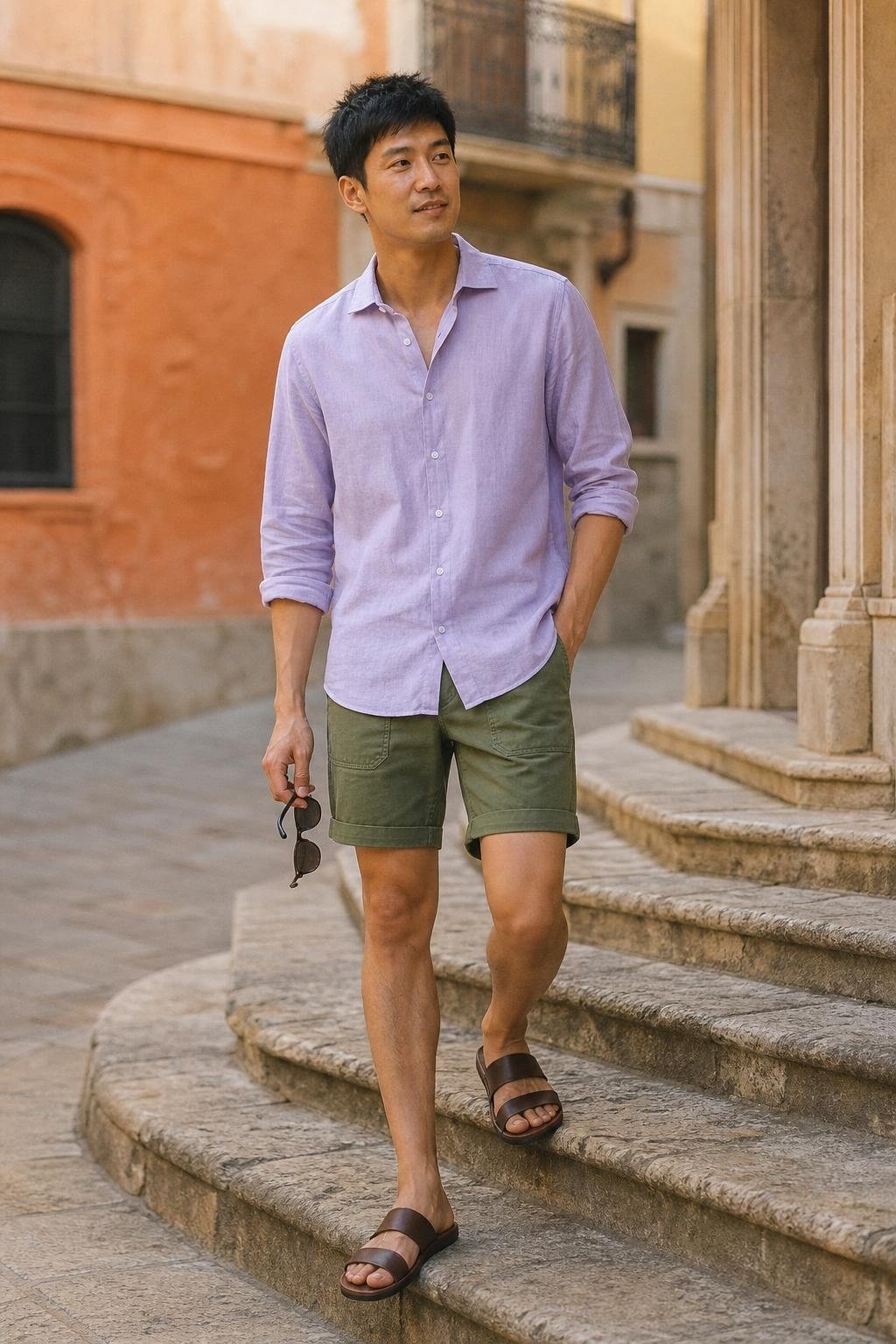 Lavender button-down shirt, olive fatigue shorts, brown leather sandals, relaxed vacation sightseeing (option 1)