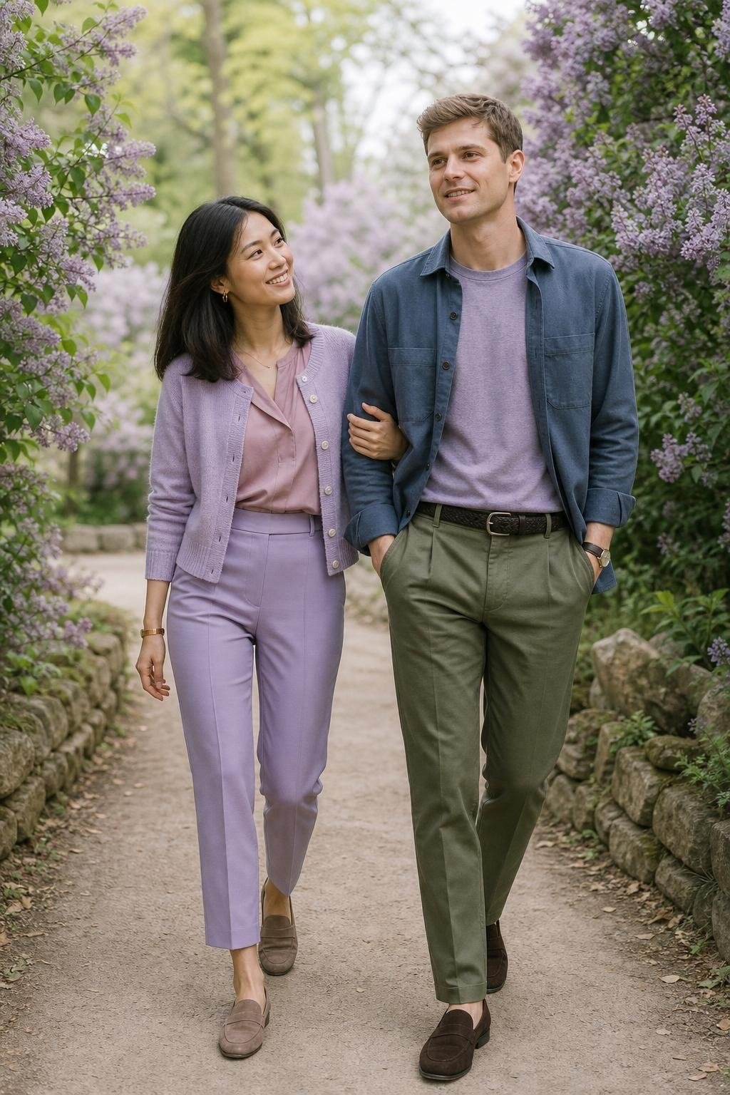 Lavender cardigan with moss green trousers, soft blouse, suede loafers, blooming garden path mood (option 1)