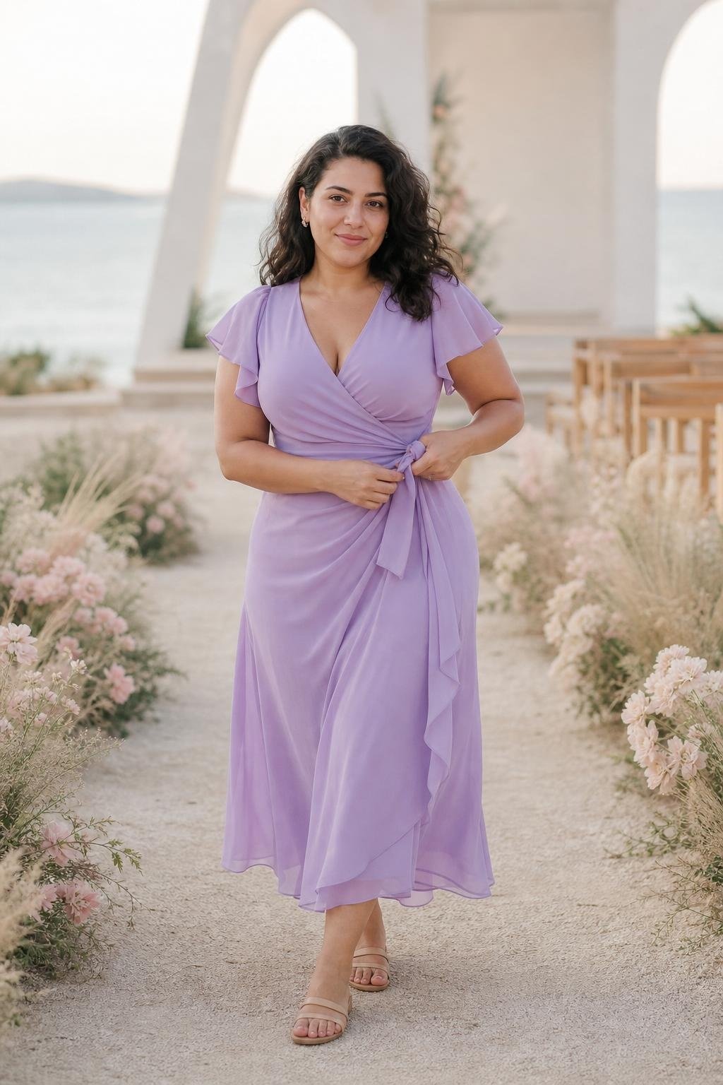 Lavender chiffon wrap dress with pearl studs and nude flat sandals on a soft pastel beach ceremony path (option 1)