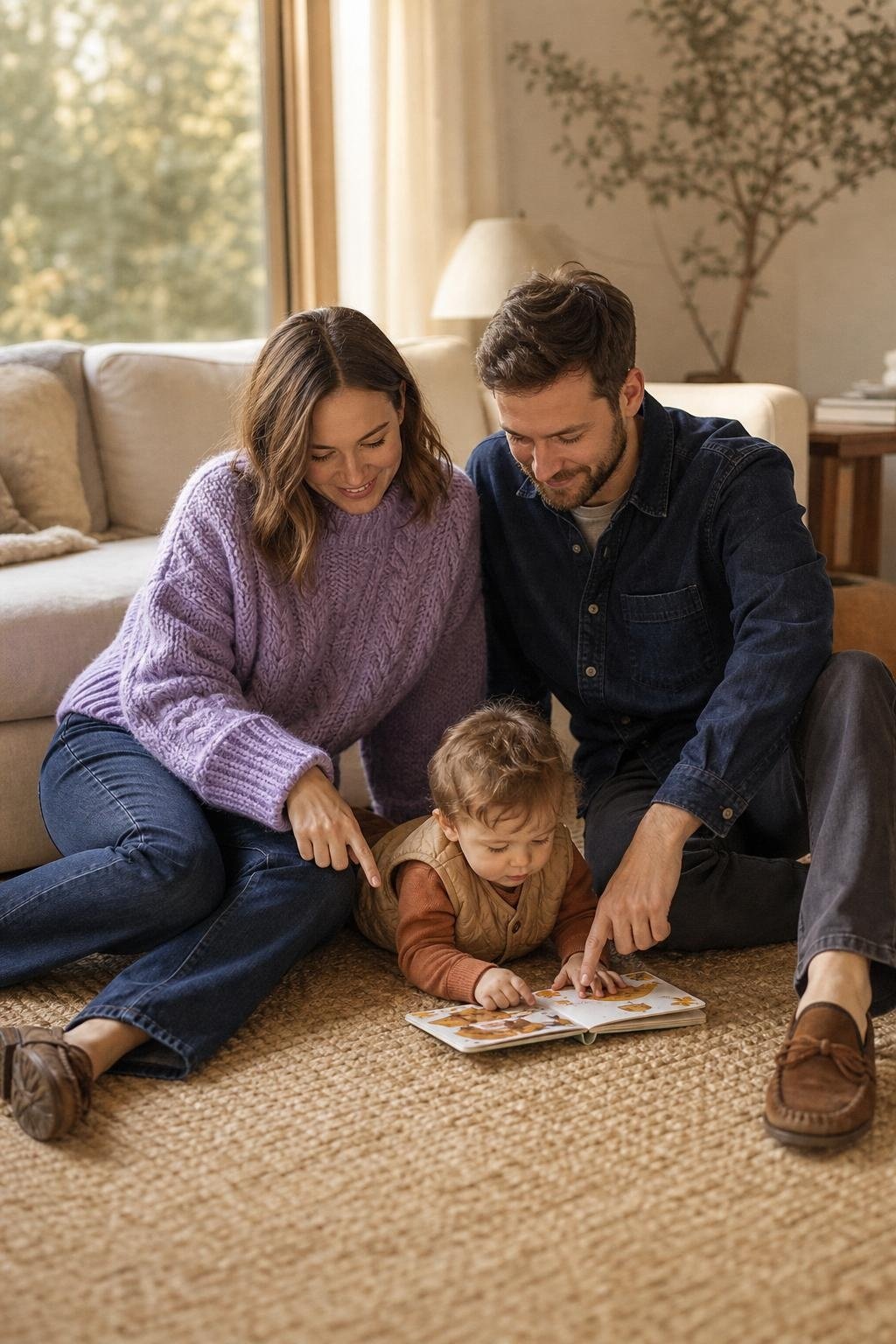 Lavender chunky sweater, dark wash jeans, tan quilted vest, brown moccasins in a sunlit living room scene (option 2)