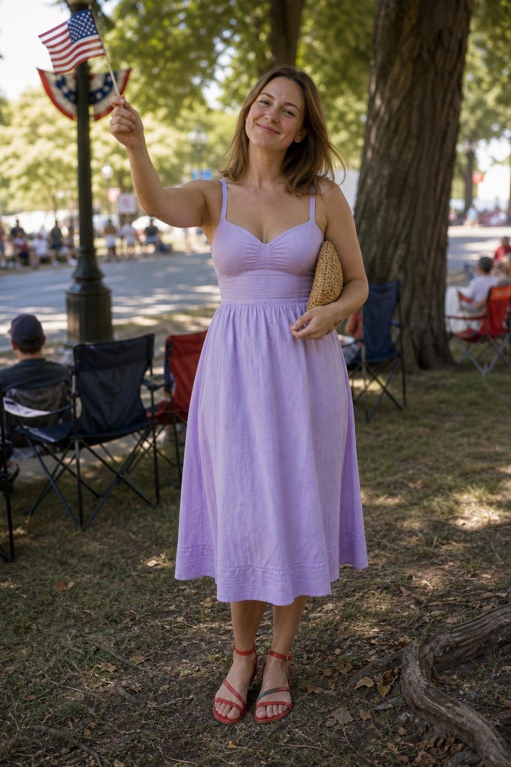 Lavender cotton sundress, red strappy flat sandals, woven clutch, small-town parade under leafy trees (option 2)