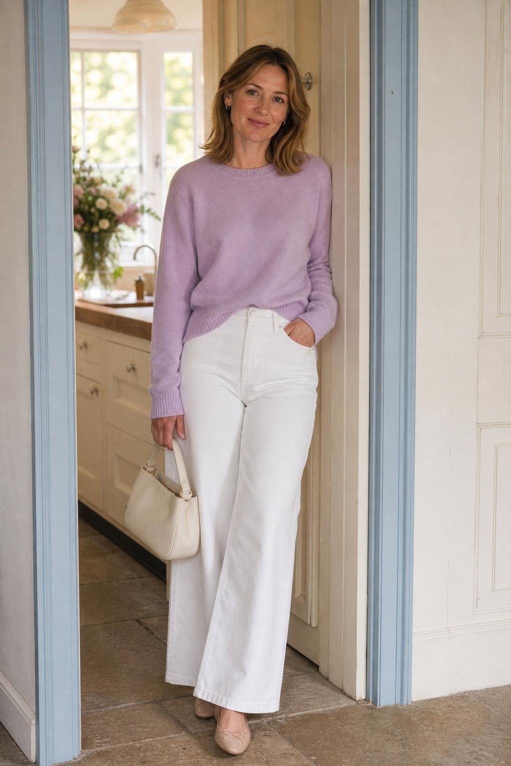 Lavender crewneck sweater, white wide-leg jeans, nude flats, pale handbag, bright kitchen doorway (option 1)