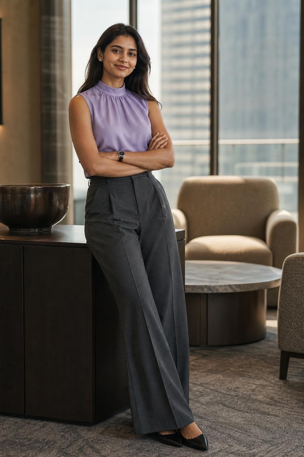 Lavender high-neck blouse, charcoal palazzo pants, black slingback flats, pearl studs, office lounge (option 2)