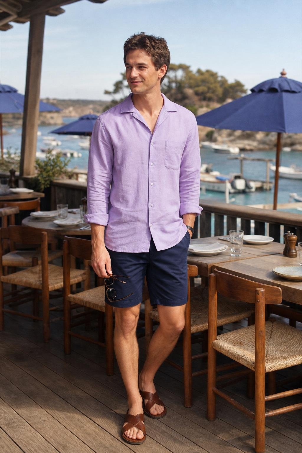 Lavender linen button-down, navy tailored shorts, brown leather sandals, sunny coastal lunch scene (option 2)