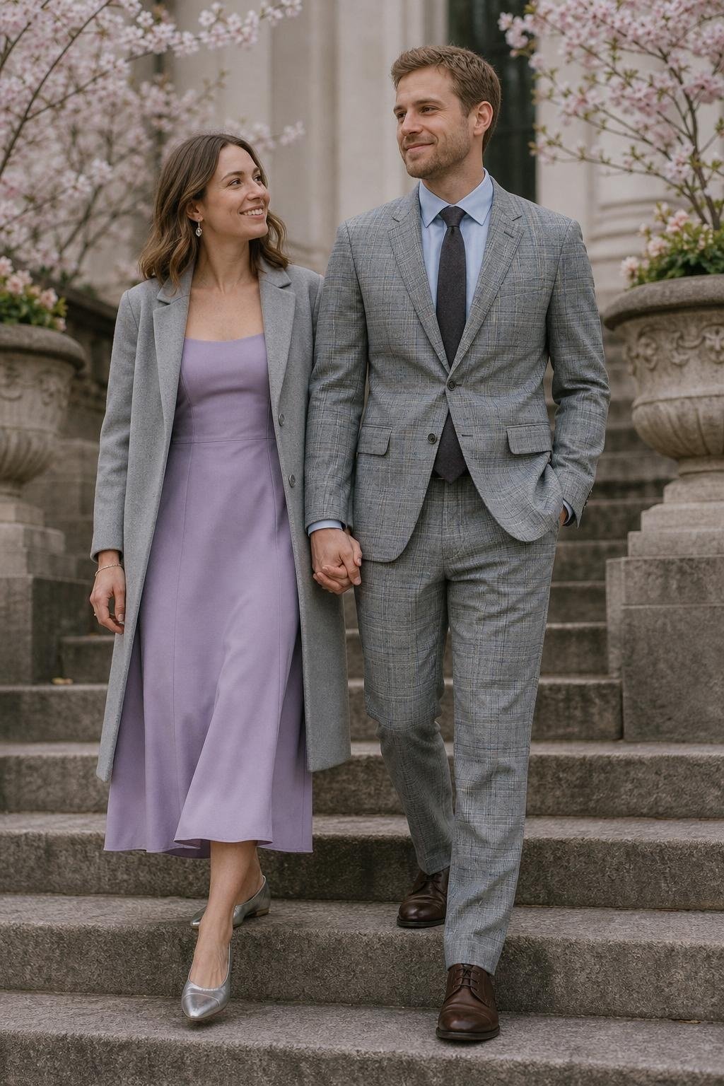 Lavender midi dress, soft gray coat, silver flats, spring courthouse steps scene (option 2)