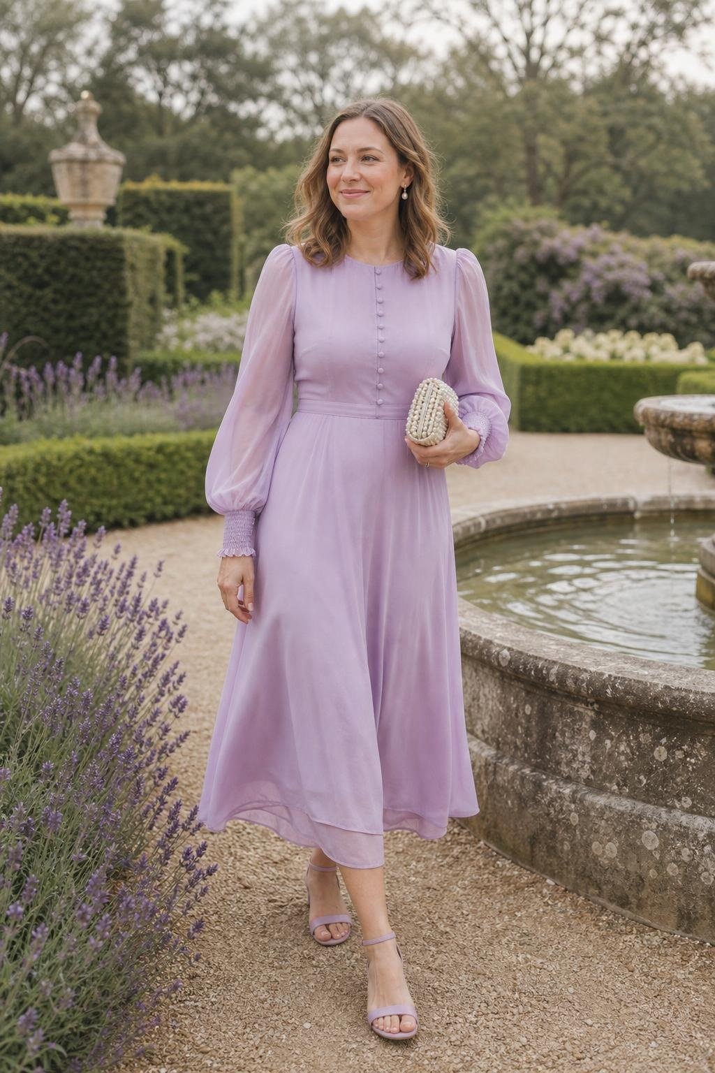 Lavender midi dress with bishop sleeves, pearl clutch, romantic spring estate wedding (option 2)