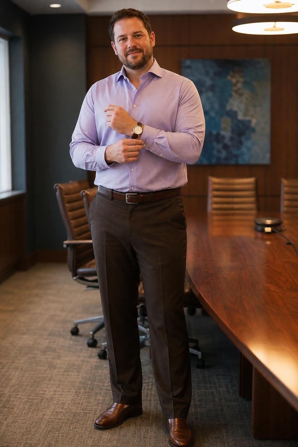 Lavender oxford shirt, deep brown tailored trousers, cognac loafers, polished afternoon conference room (option 1)
