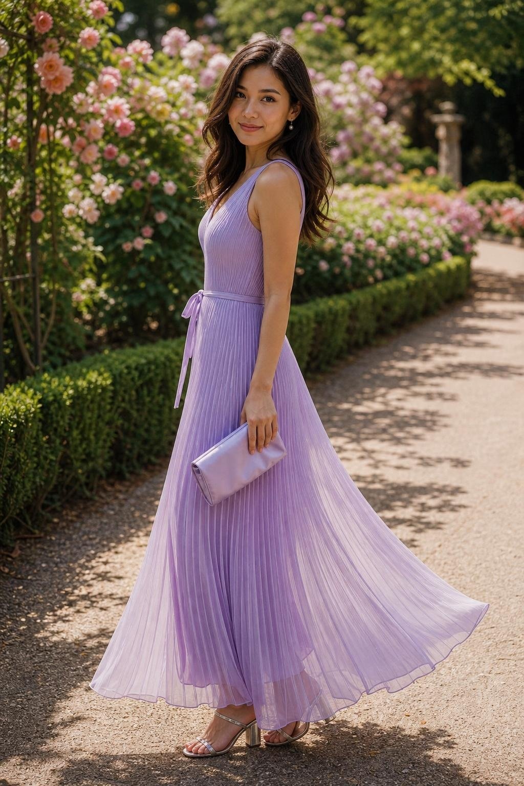 Lavender pleated maxi dress with pearl drop earrings in a blooming garden (option 2)