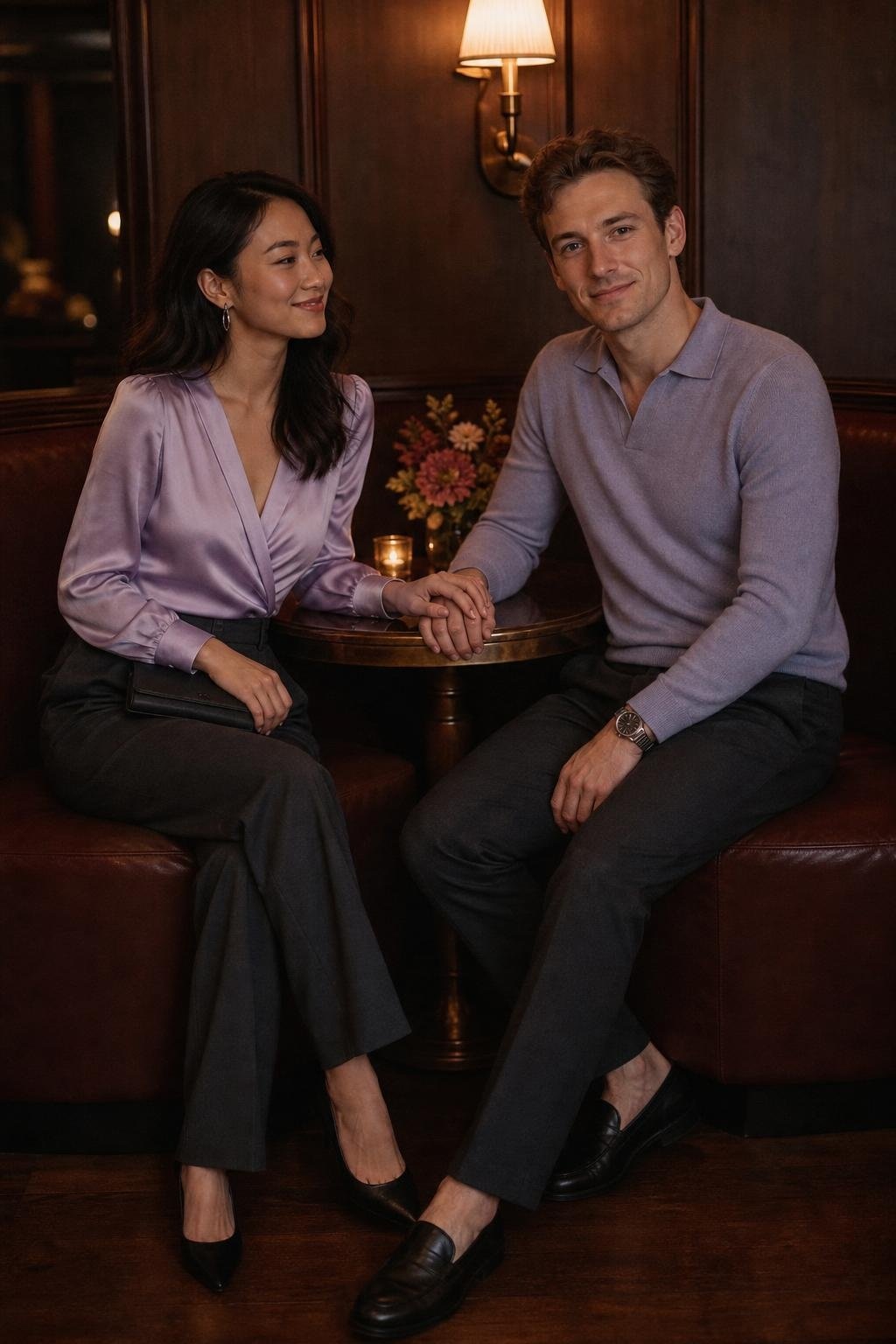 lavender satin blouse with charcoal trousers and lavender knit shirt at an intimate restaurant booth (option 1)