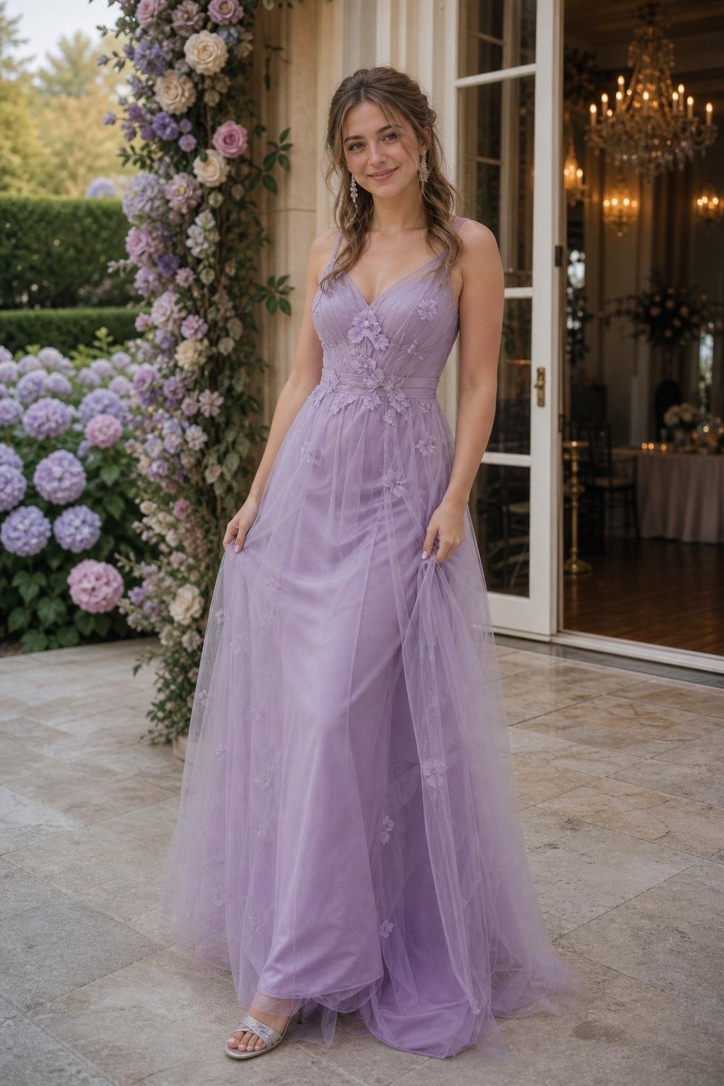 Lavender tulle overlay gown, silver heels, delicate drop earrings, romantic garden ballroom (option 2)