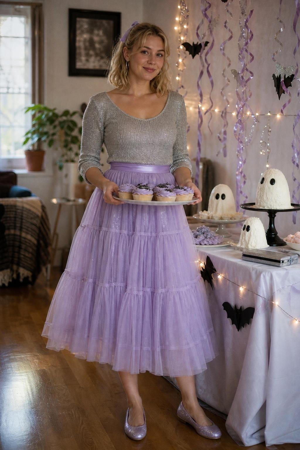 Lavender tulle skirt, shimmer knit top, glitter flats, whimsical Halloween dessert table scene (option 1)
