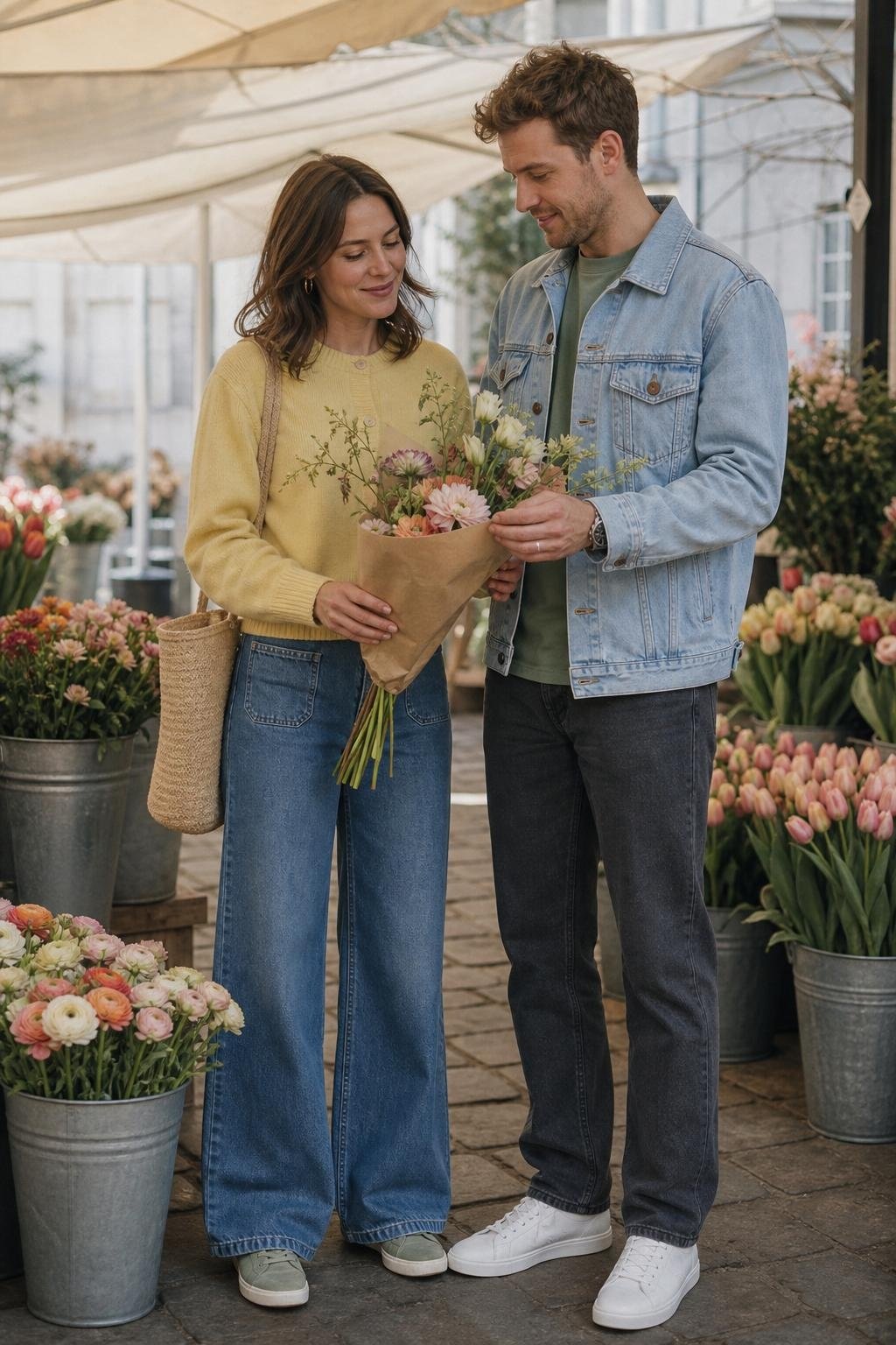 lemon yellow cardigan with soft denim jacket, wide-leg jeans, white sneakers at a flower market (option 1)