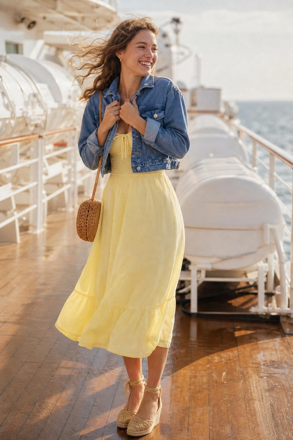 Lemon yellow sundress with cropped denim jacket and tan espadrilles on a breezy upper deck (option 1)
