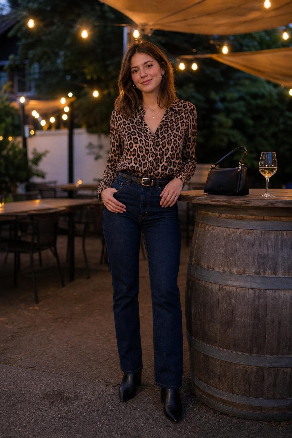Leopard blouse tucked into dark straight jeans, black belt, heeled boots, neighborhood wine bar (option 1)