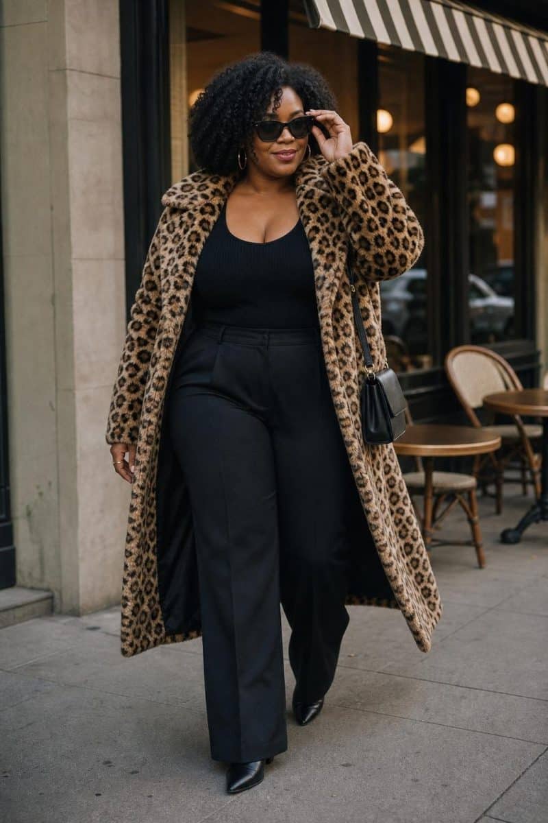 Leopard faux fur coat, black knit top, black trousers, black sunglasses, espresso bar exterior (option 1)