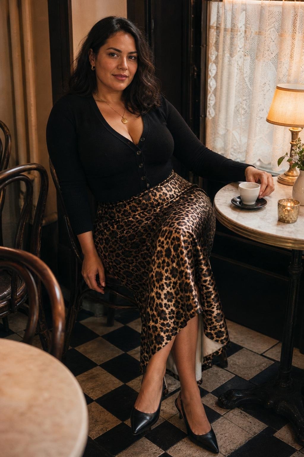 Leopard midi skirt, fitted black cardigan, black slingbacks, gold pendant, café corner table (option 1)