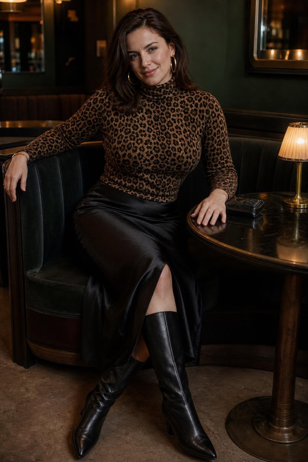 Leopard turtleneck, black satin slip skirt, knee boots, gold hoop earrings, moody café interior (option 1)