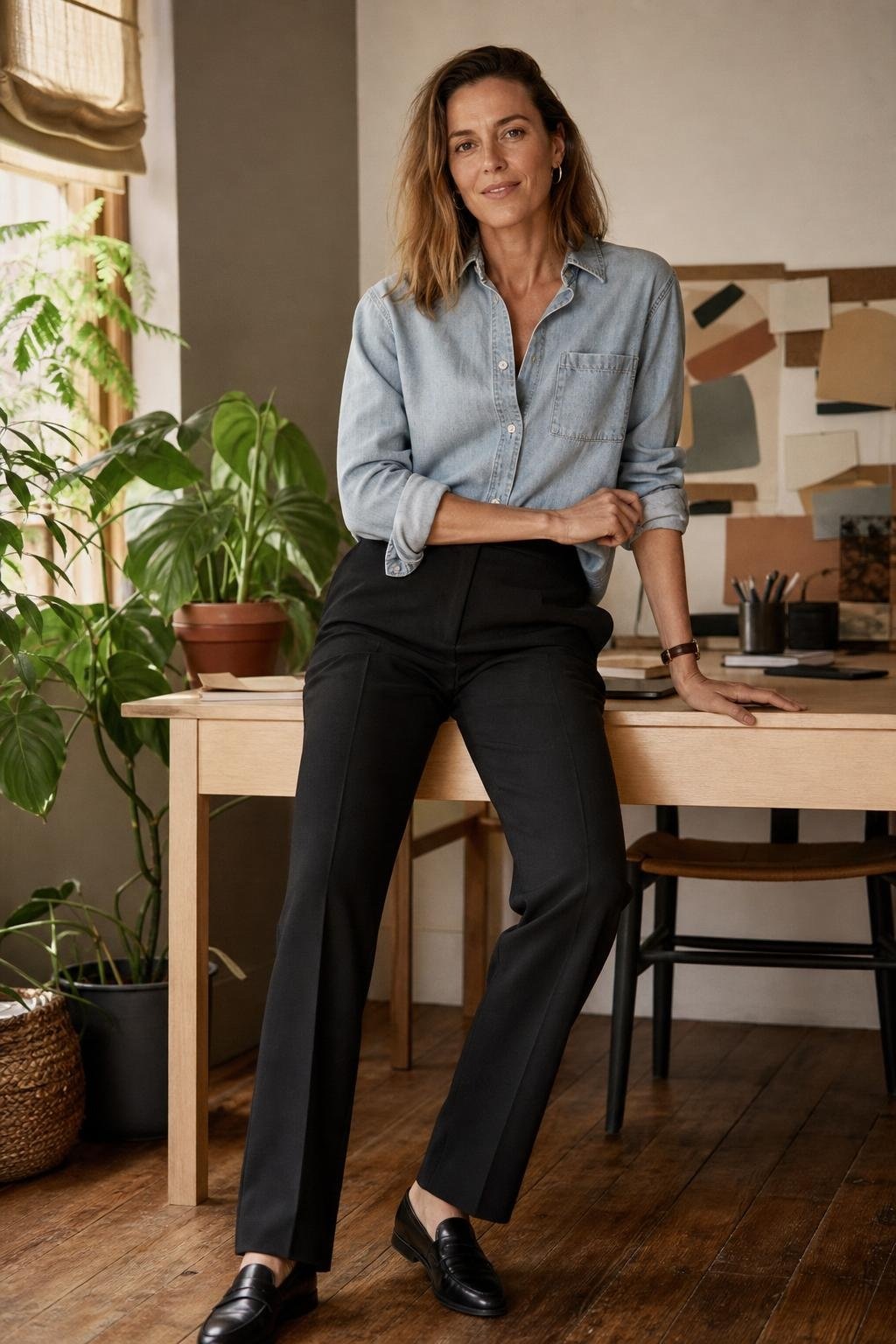 Light denim shirt, black tailored trousers, black leather loafers, casual workspace with plants (option 1)