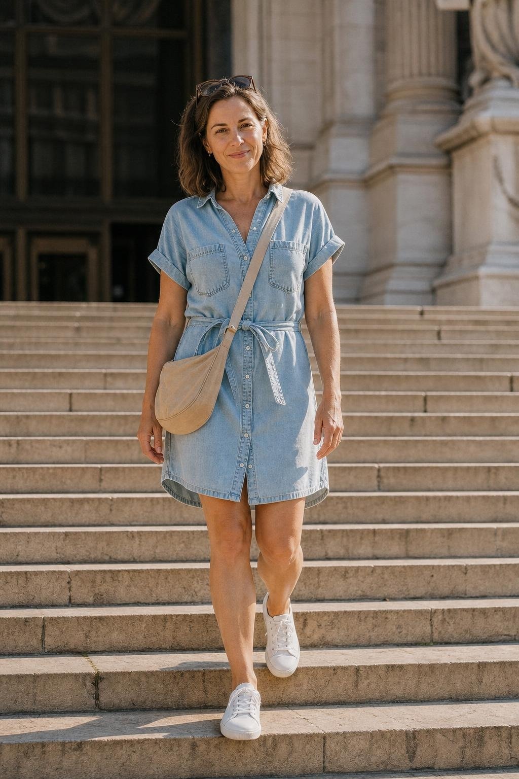 Light denim shirt dress, white sneakers, canvas crossbody, sunglasses, city sightseeing scene (option 2)