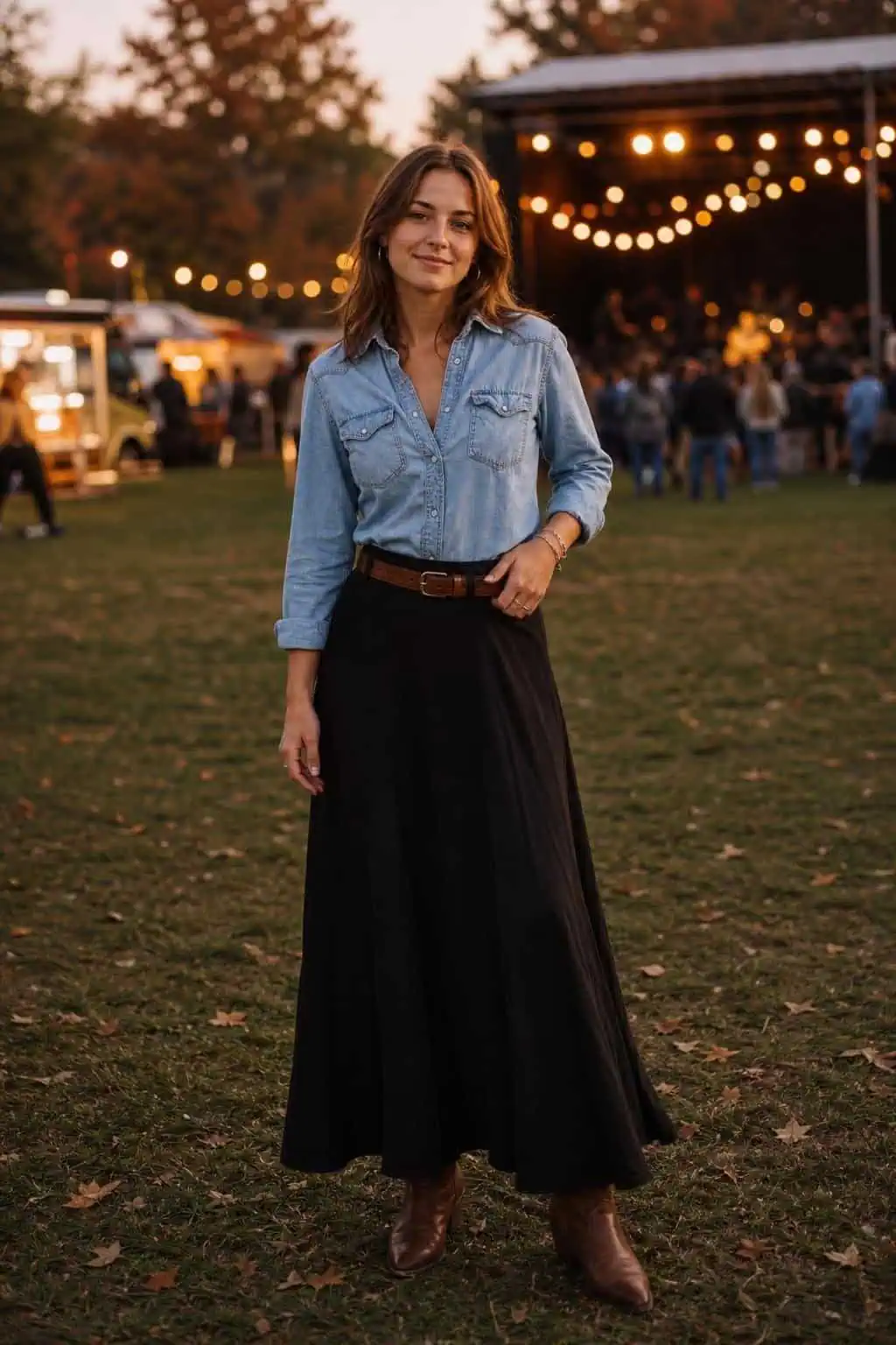 Light denim shirt tucked into black maxi skirt, western boots, leather belt, outdoor fall concert setting (option 2)