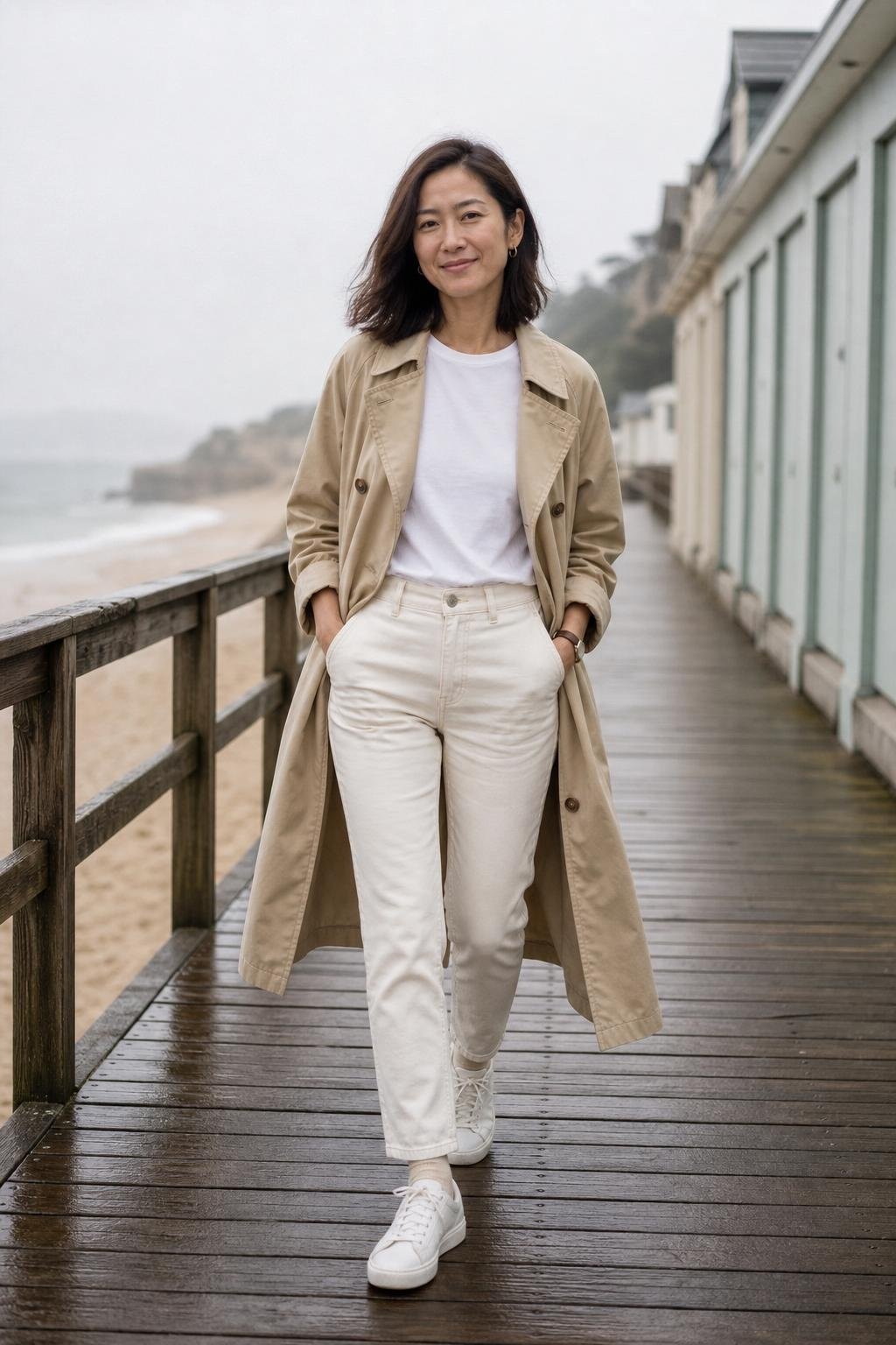 Light khaki cotton trench, cream jeans, white tee, sneakers on a misty boardwalk (option 2)
