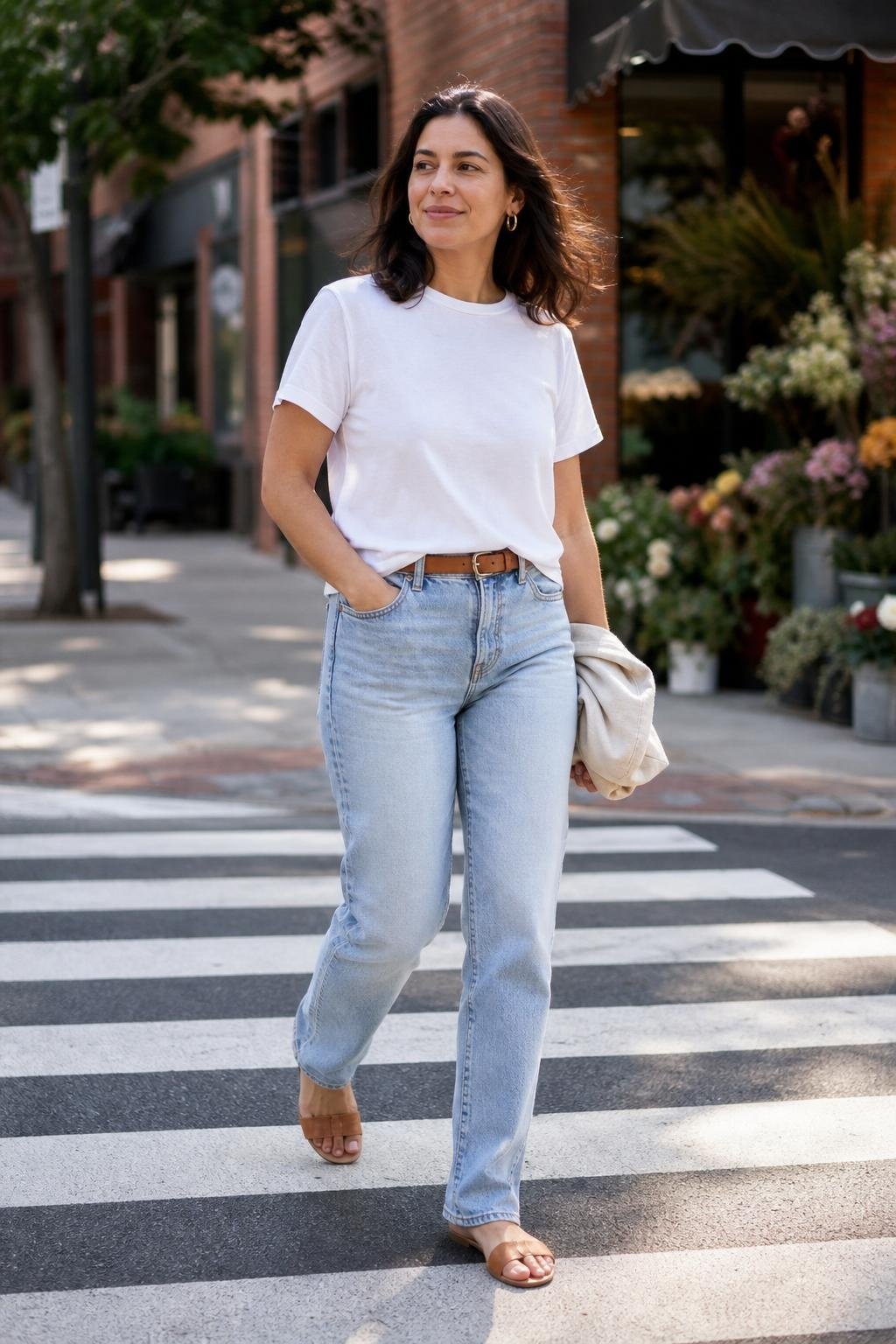 Light-wash straight jeans with white tee, tan belt, slide sandals, relaxed neighborhood errands (option 1)