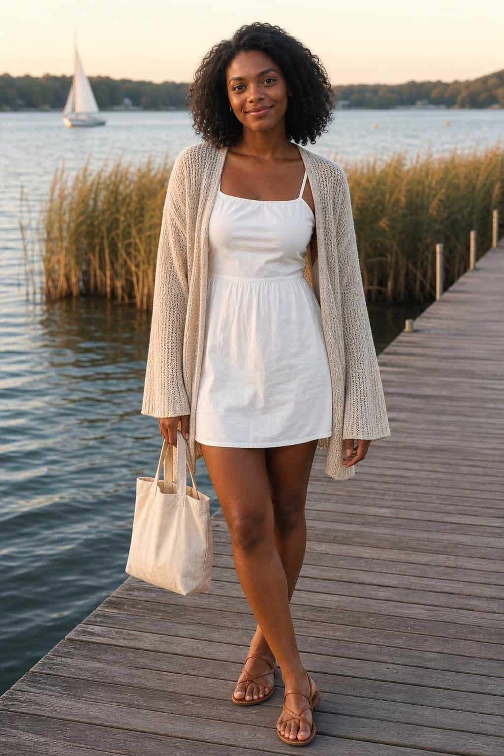 Lightweight cardigan, simple cotton mini dress, flat sandals, small tote, breezy lakeside evening (option 1)