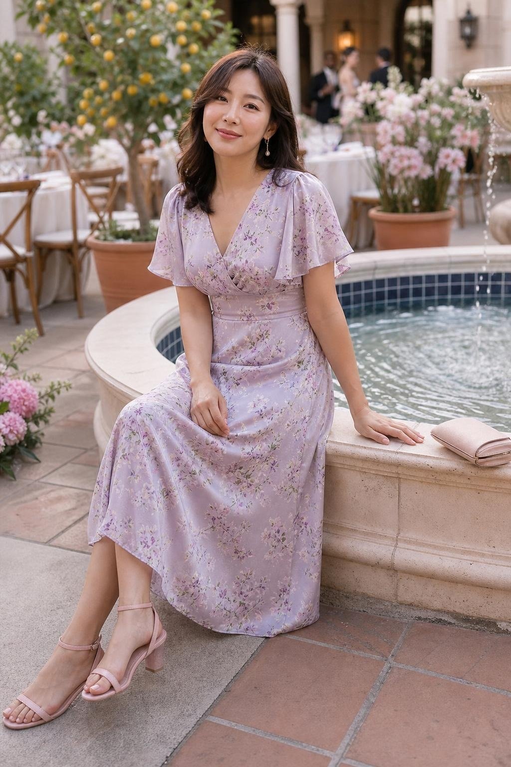 lilac floral midi dress with pale pink heels at a spring courtyard wedding (option 2)