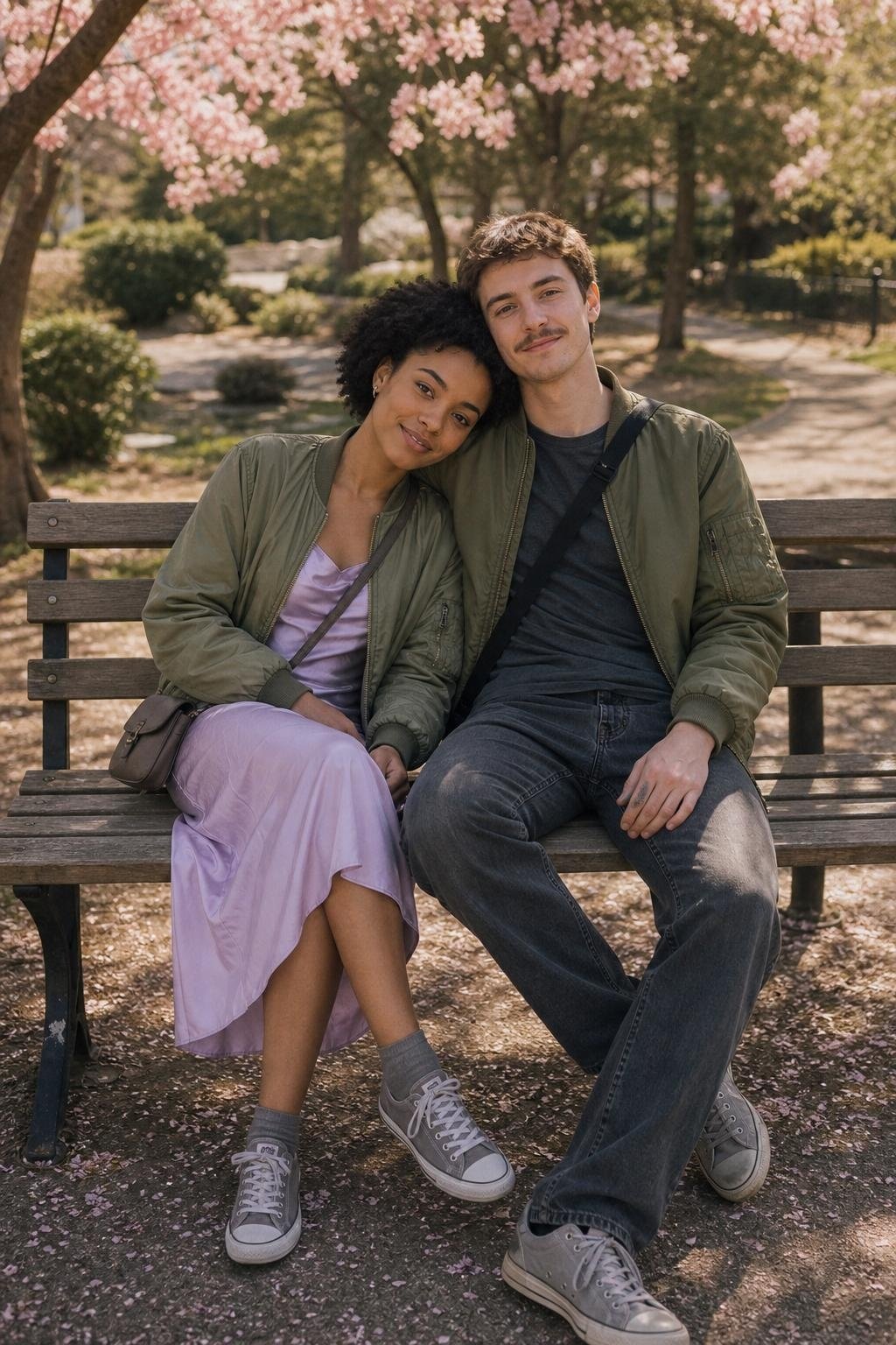 Lilac slip dress with olive bomber jacket, gray sneakers, crossbody bag, spring park date mood (option 2)