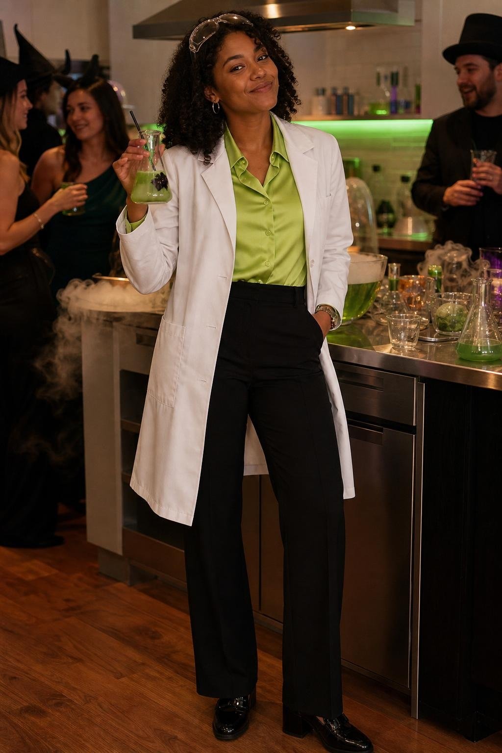 Lime green satin blouse, black trousers, lab coat, playful kitchen Halloween party (option 1)