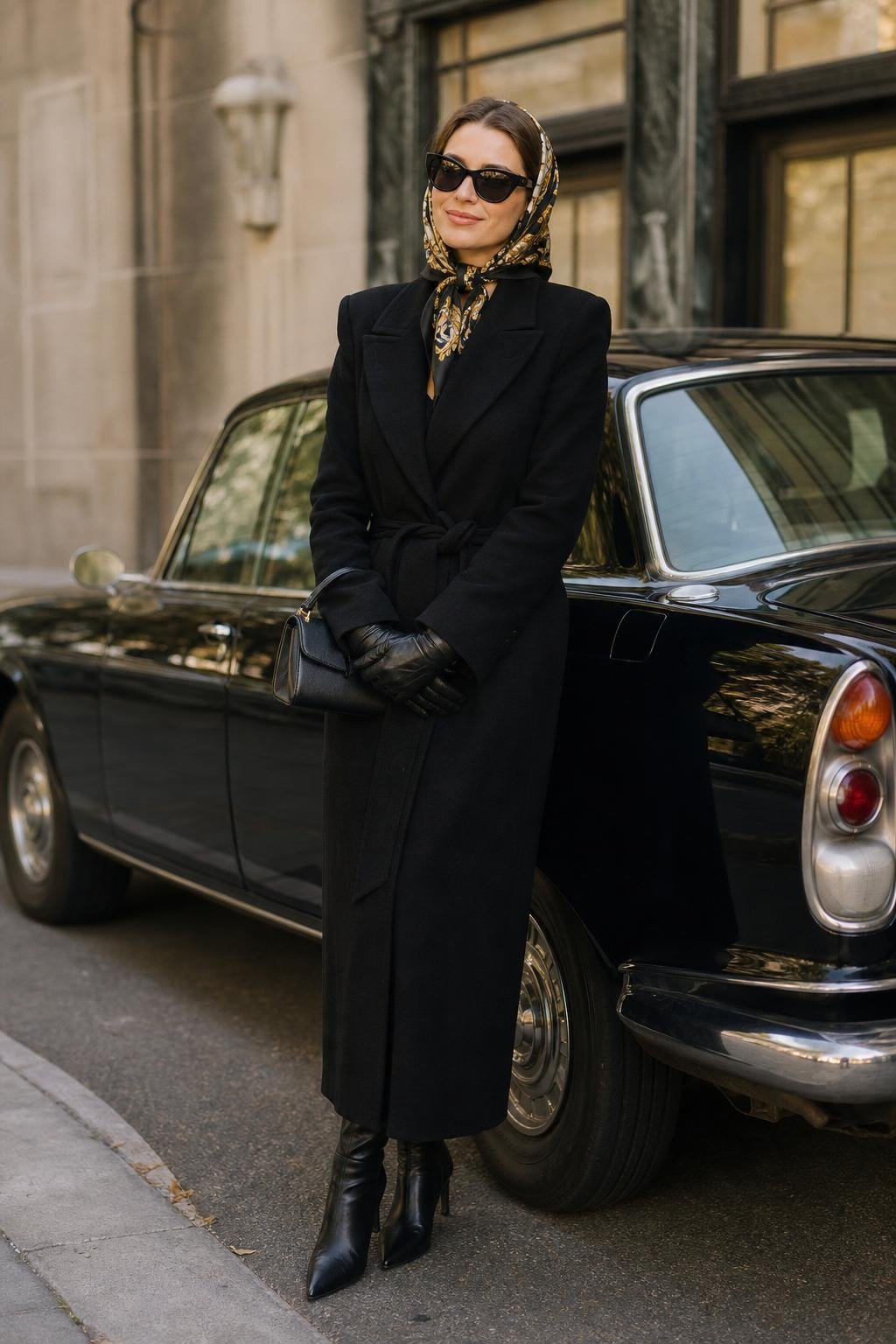Long black coat, silk printed headscarf, oversized sunglasses, leather gloves, vintage car curbside mood (option 2)