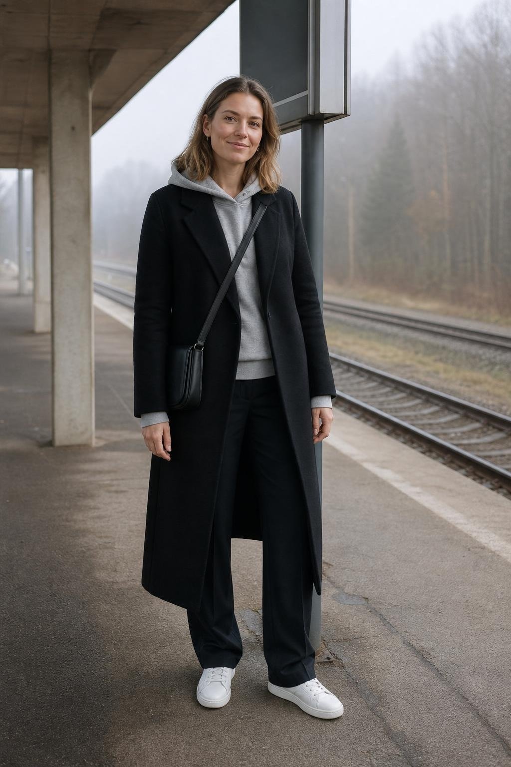 Long black wool coat, grey hoodie, black tailored trousers, white sneakers, train platform in morning light (option 2)