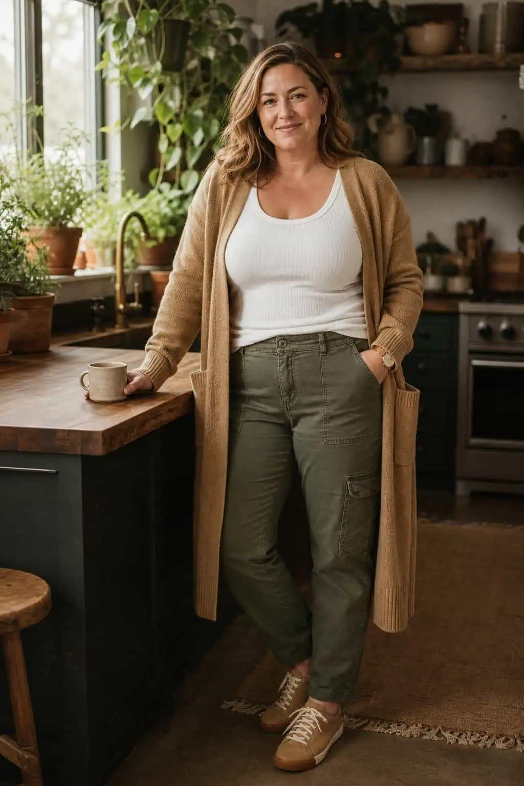 Long camel cardigan, white ribbed tank, olive utility pants, tan sneakers in a plant-filled kitchen (option 1)