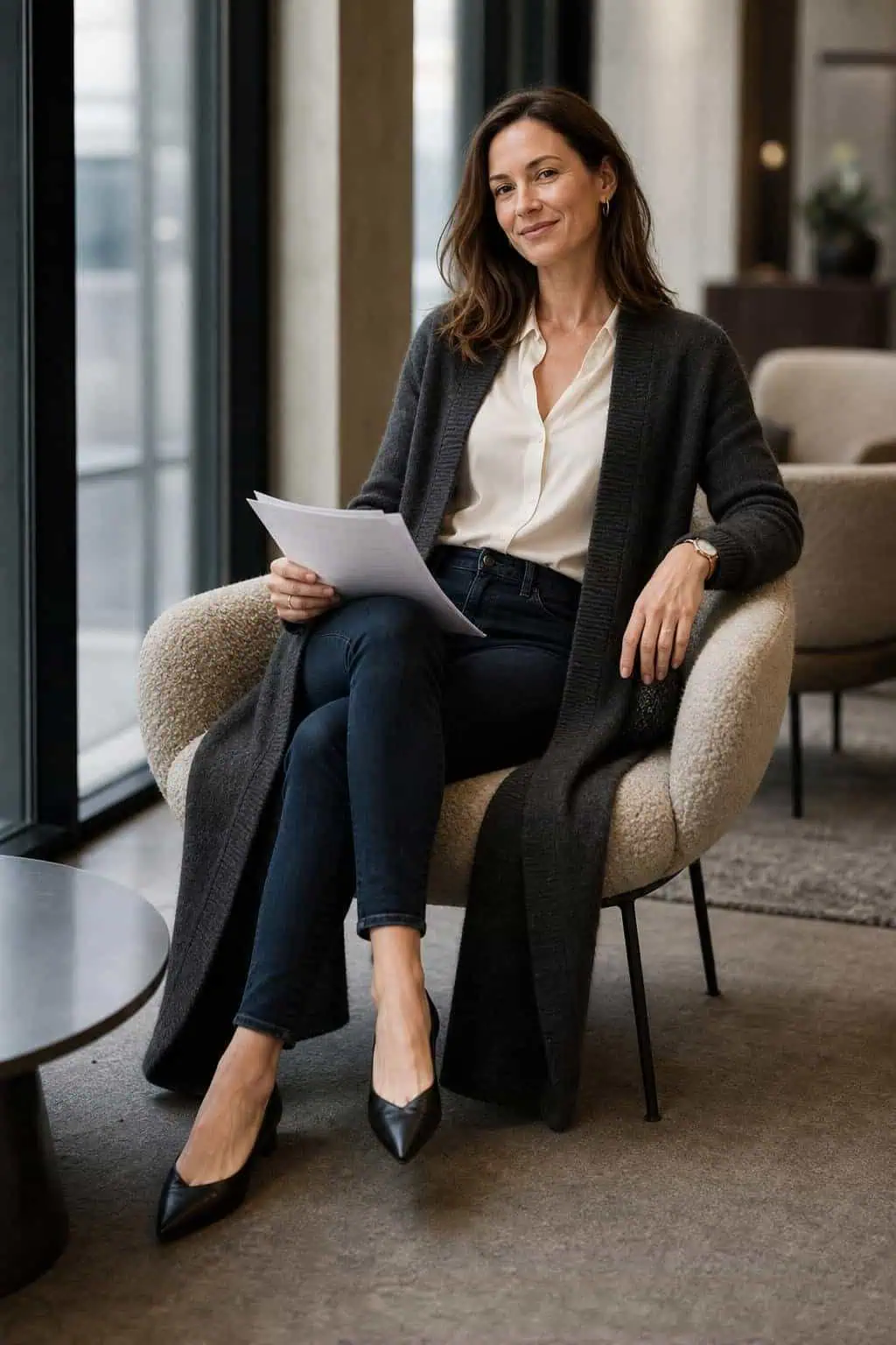 Long charcoal cardigan over ivory silk blouse, dark skinny jeans, pointed flats, quiet office lounge (option 1)