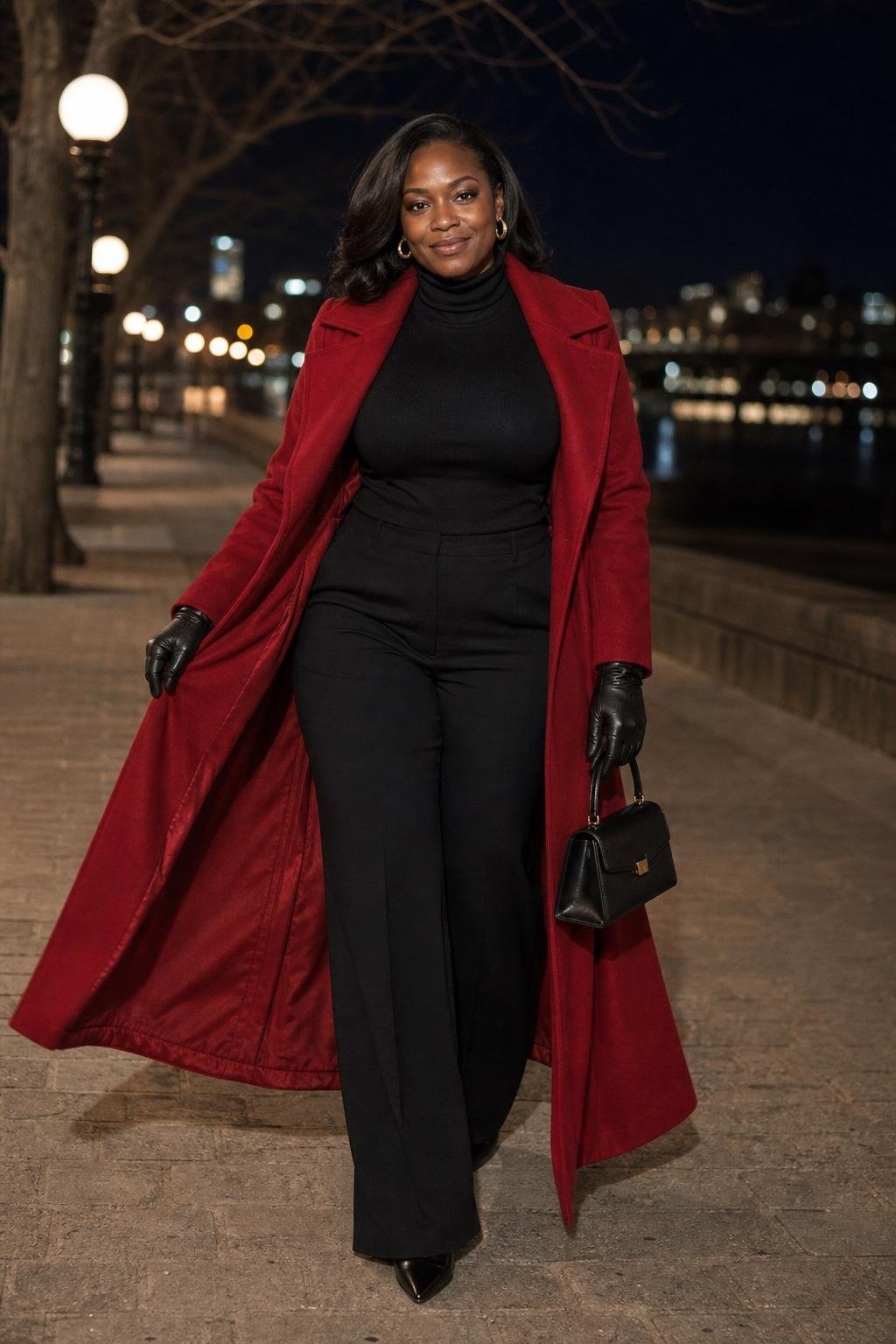 Long red wool coat over black turtleneck and trousers, black gloves, nighttime sidewalk lights (option 1)
