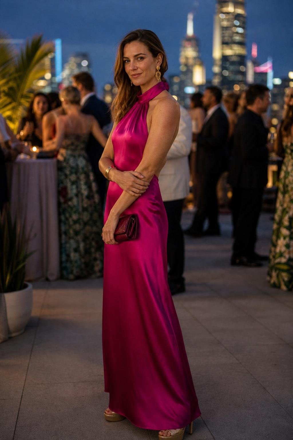 Magenta halter maxi dress with gold platform heels at a vibrant city rooftop wedding (option 1)
