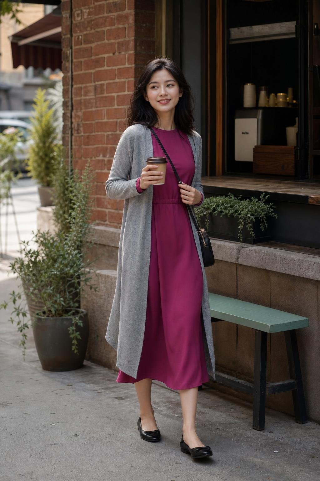 Magenta midi dress, soft gray duster cardigan, black ballet flats, crossbody bag, weekday coffee run (option 1)