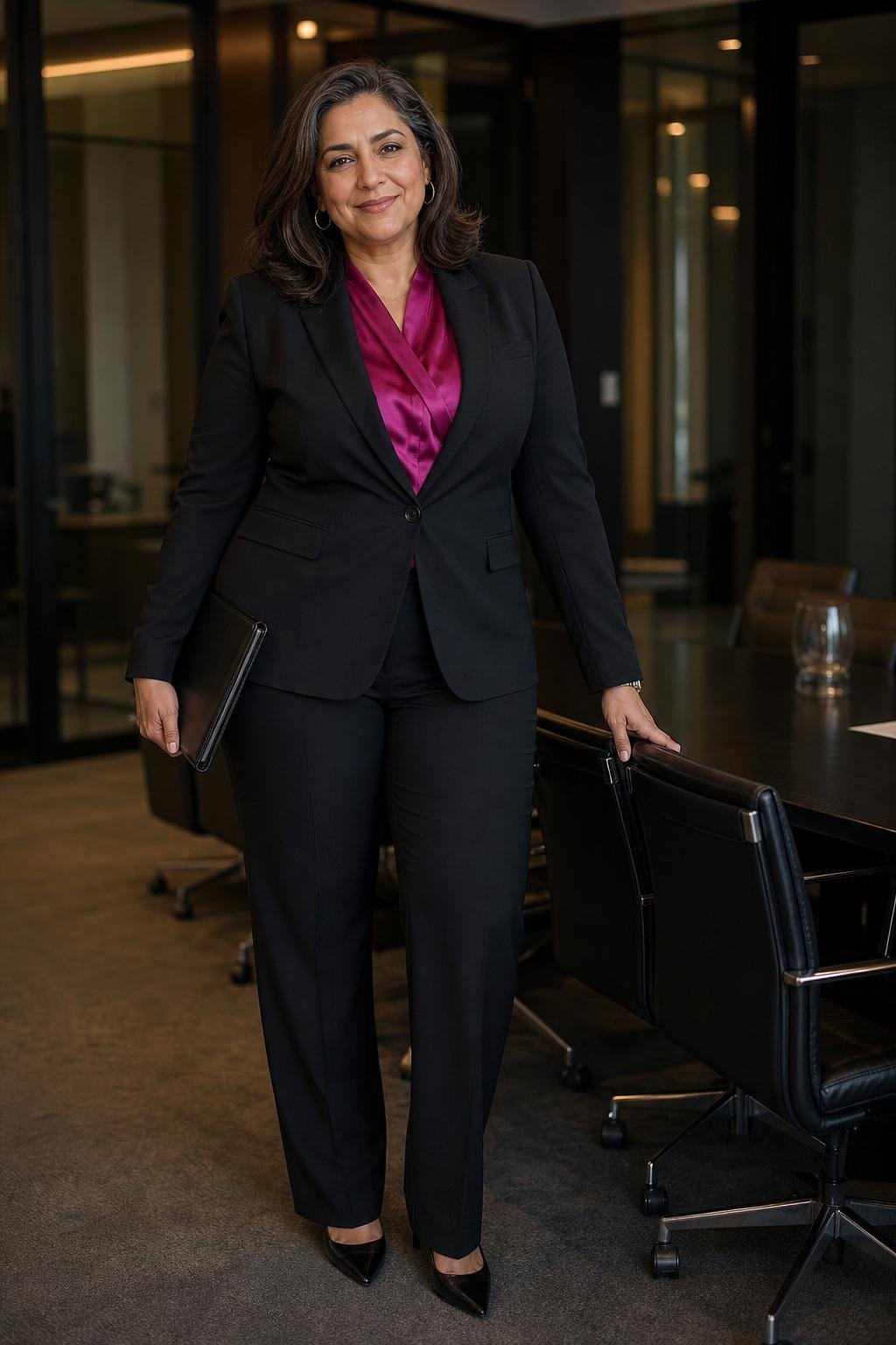Magenta silk blouse, black tailored suit, pointed black heels, formal client meeting room (option 2)