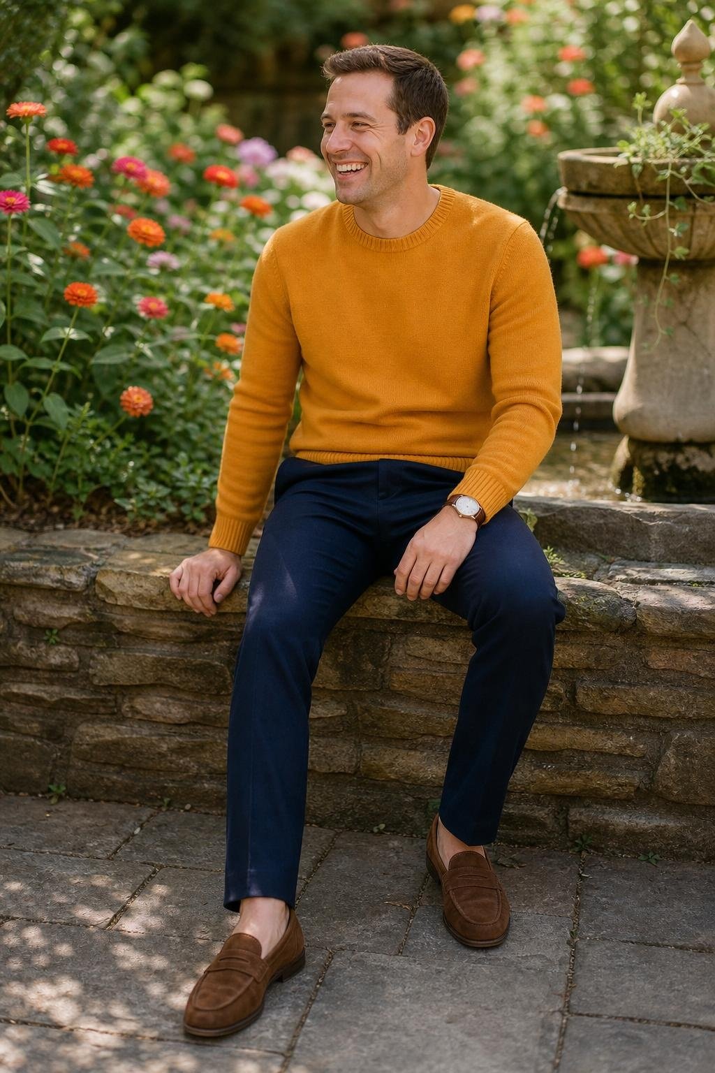 Marigold crewneck sweater, navy trousers, brown suede loafers, cheerful garden family portrait (option 1)