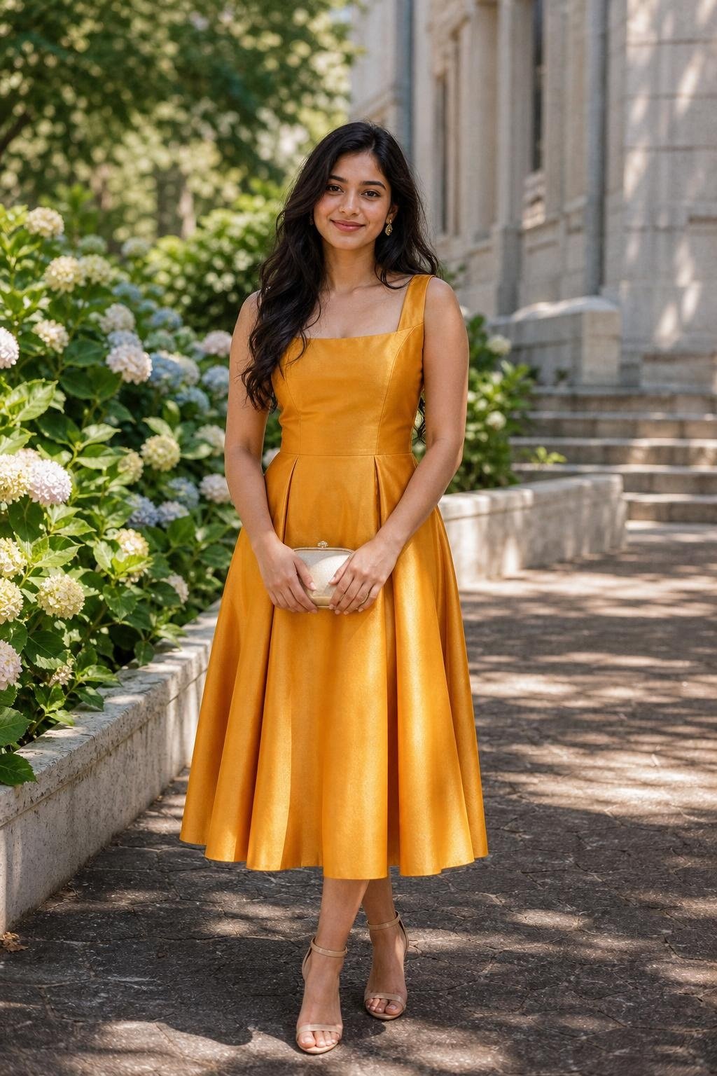Marigold fit-and-flare midi dress with nude block heels on a sunny church path (option 2)