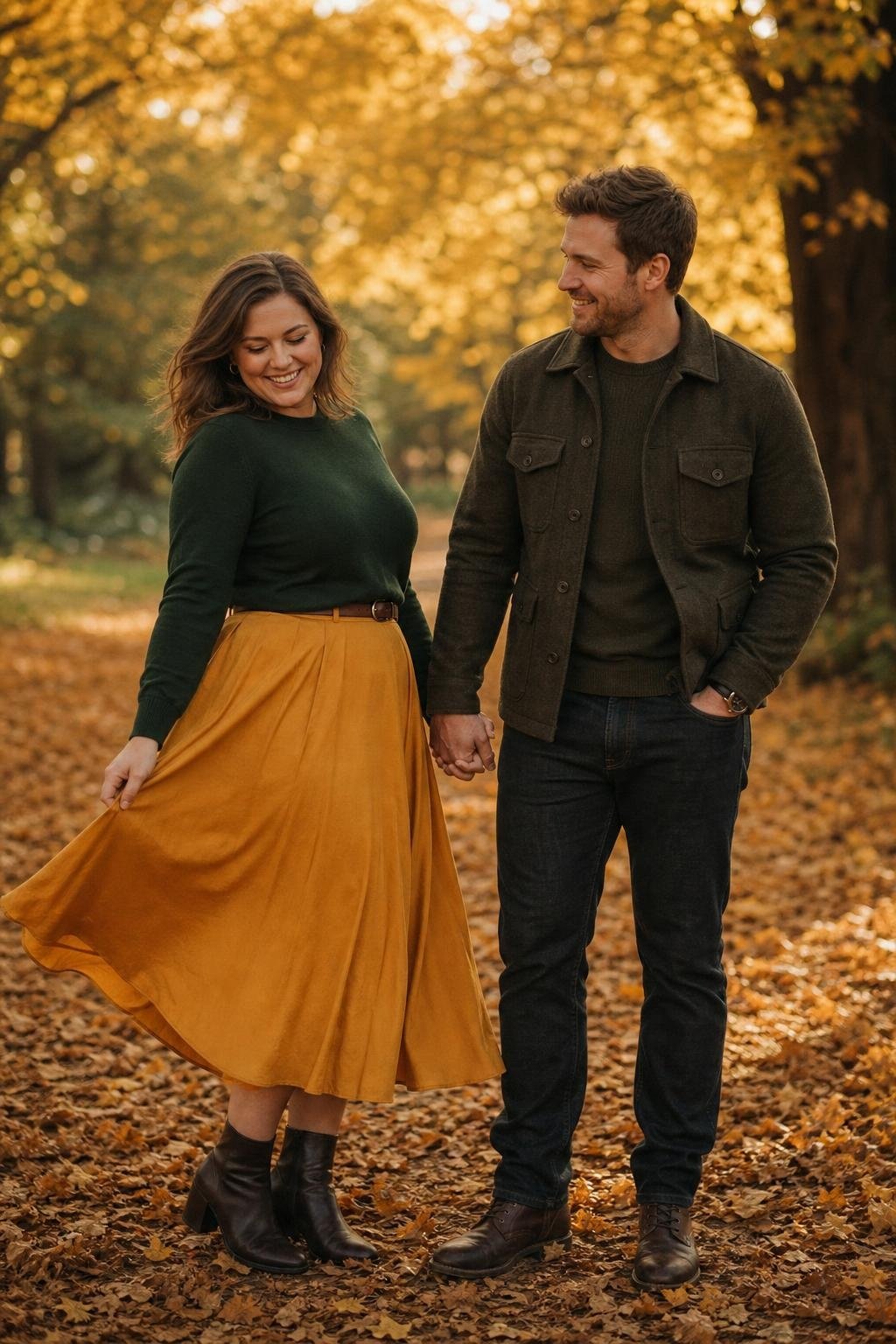 marigold midi skirt with forest green sweater and dark boots in a leafy park (option 1)