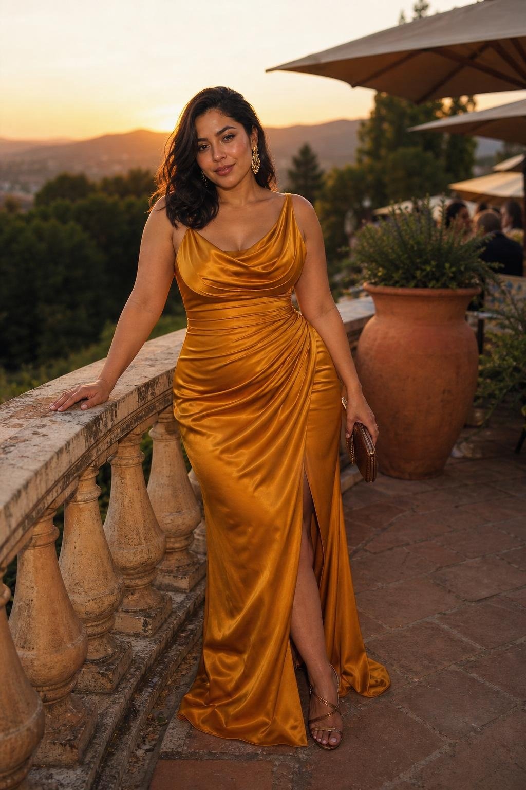 Marigold satin gown, sculptural gold earrings, bronze heels, sunset terrace reception (option 1)