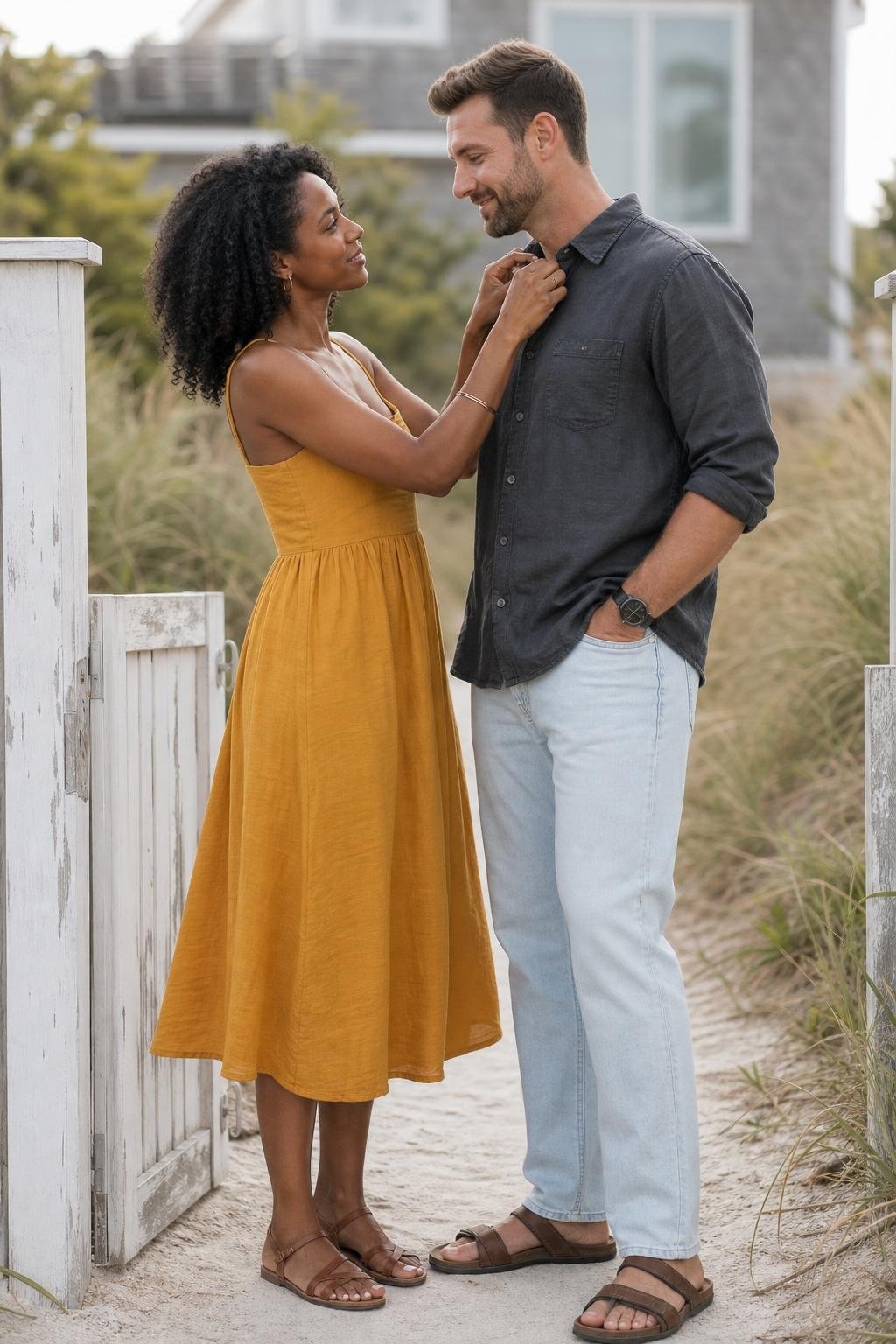 Marigold sundress, charcoal linen shirt, pale denim pants, brown sandals, windswept beach path portraits (option 2)