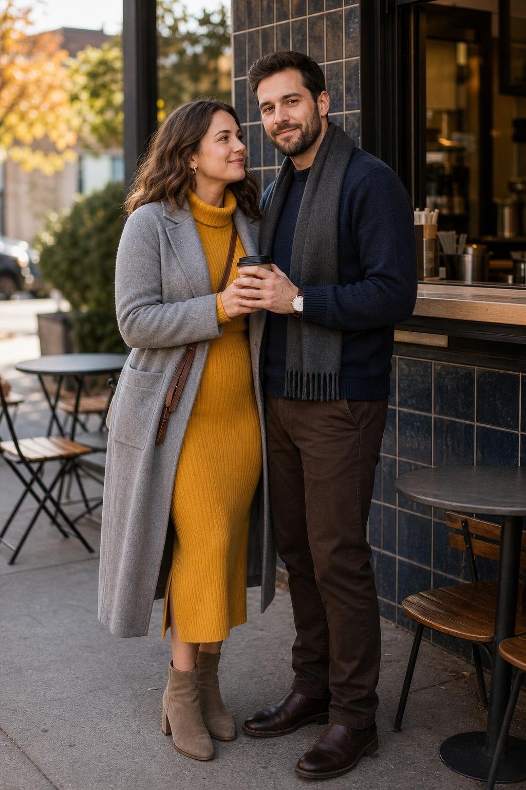 Marigold sweater dress with gray overcoat outside a neighborhood coffee shop (option 1)