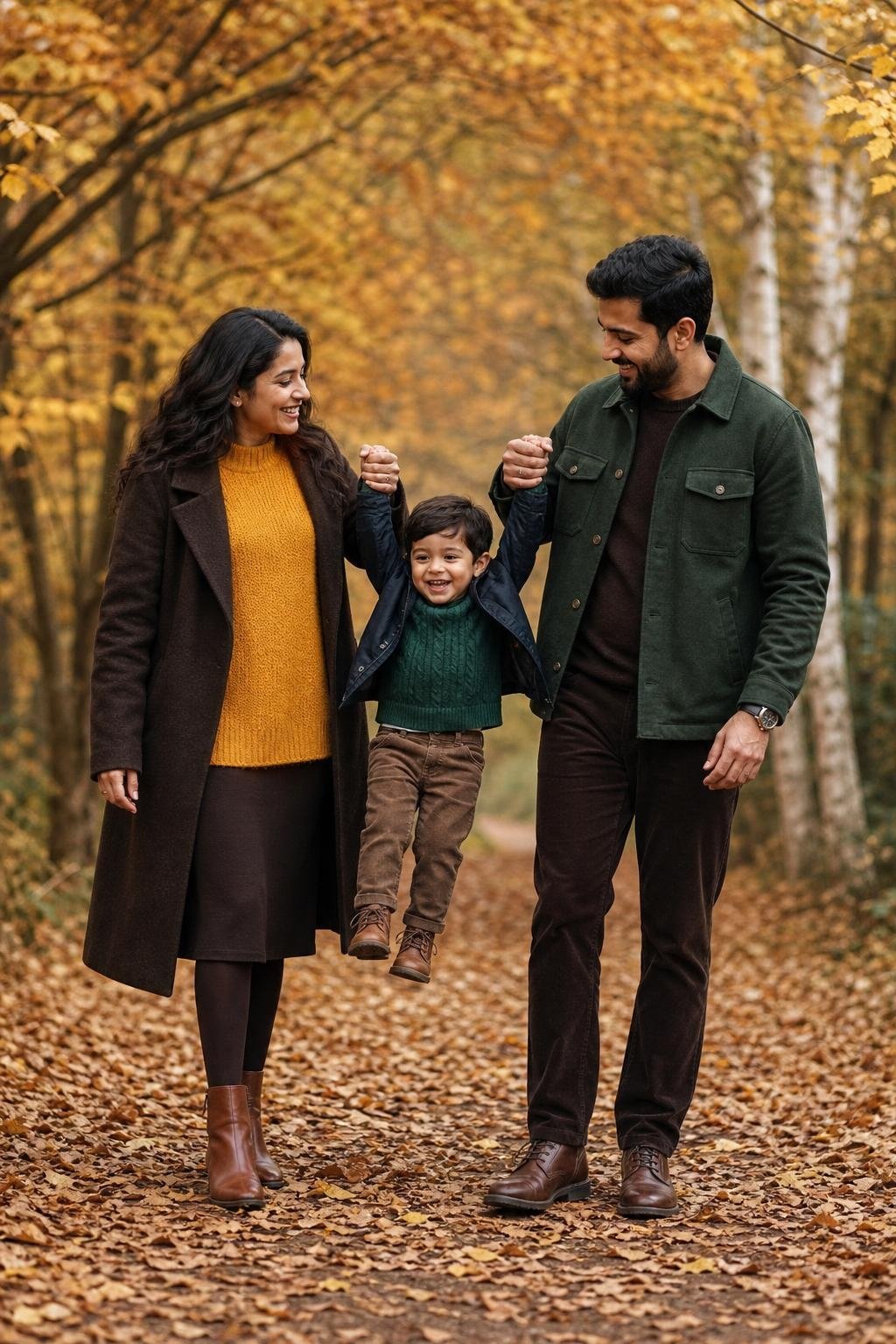 Marigold sweater, forest green skirt, dark brown coat, ankle boots, leaf-covered path in autumn (option 2)