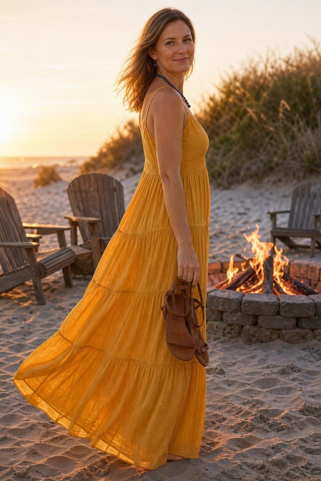 Marigold tiered maxi dress, cobalt bead necklace, flat brown sandals, sunset beach bonfire setup (option 2)