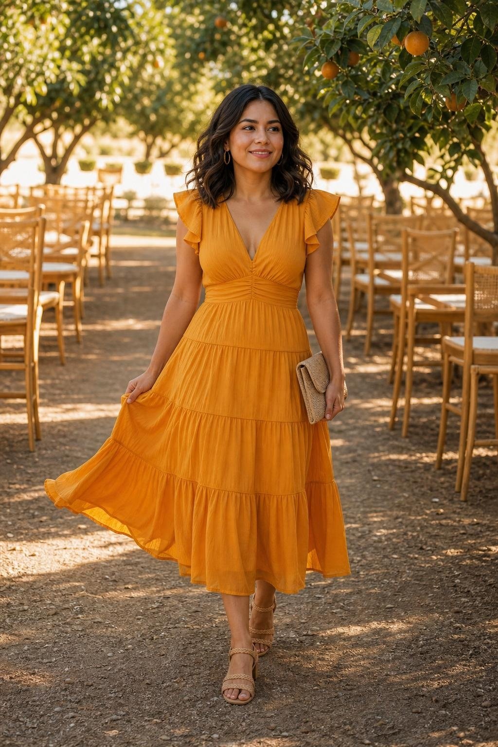 marigold tiered midi dress with woven heels at an outdoor summer wedding (option 2)