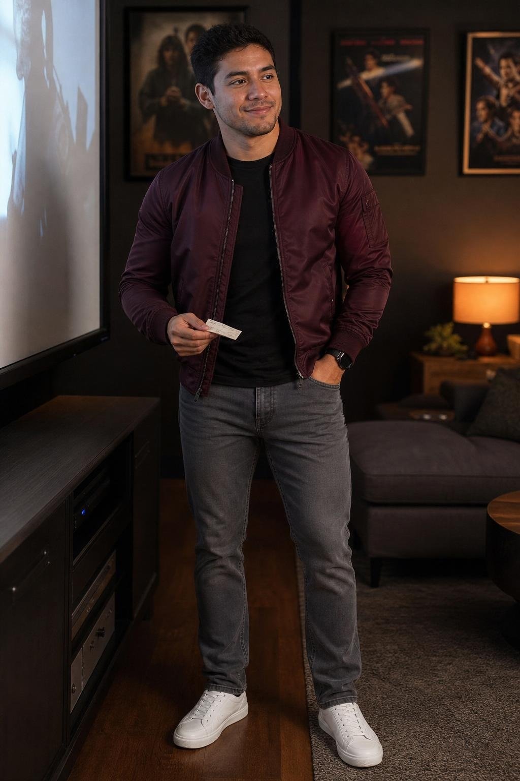Maroon bomber jacket, gray jeans, black crewneck tee, white low-top sneakers, casual movie night (option 1)